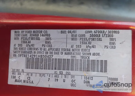 2001 Ford E-150 Commercial/Recreational from USA, damaged, VIN 1FTRE14291HB50427